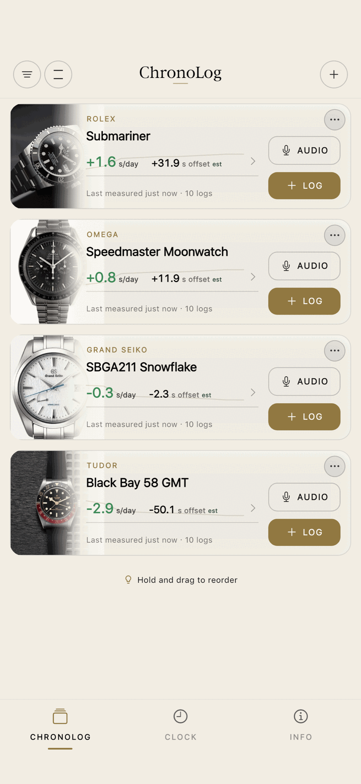 ChronoLog app showing a collection of watches with their measured accuracy.